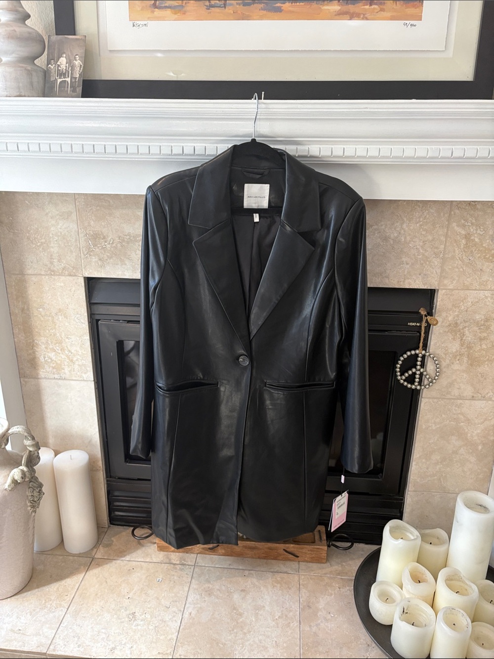 Avec Les Filles Black Faux Leather Long Blazer Coat